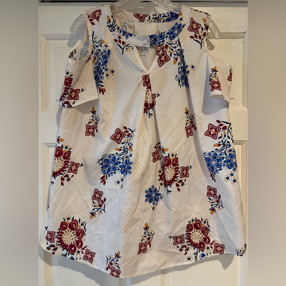 Floral Print Women's Top - White with Red and Blue Accents